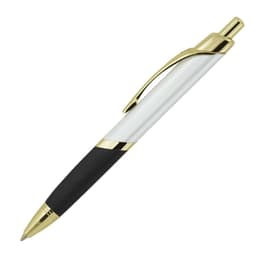 A ballpoint pen in white and black with gold accents. It features a clip and plastic body design.