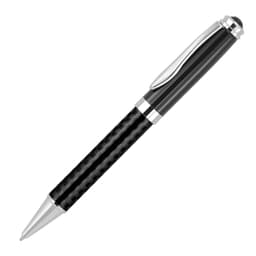A sleek black ballpoint pen with a carbon fibre design and silver accents, featuring a clip and a logo.