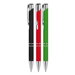 A set of three ballpoint pens in black, red, and green, featuring chrome accents and branding.