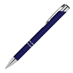 A metal ballpoint pen in navy blue with silver accents and a clip. Features a branding logo.