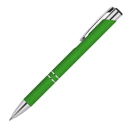A green ballpoint pen with a rubber grip and silver accents, featuring a clip and branding.