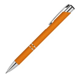 An orange metal ballpoint pen with a rubber grip and silver accents. It features a clip and circular detailing.