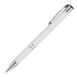 A metal ballpoint pen in white with chrome accents and a clip, featuring a sleek and modern design.