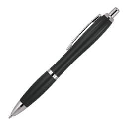 A plastic ballpoint pen in solid dark grey with shiny silver accents and a clip. It has a sleek design.