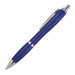 A blue ballpoint pen with a shiny silver clip and accents, featuring a sleek, solid design.