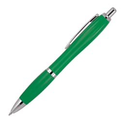 A green ballpoint pen with a sleek design and chrome accents, featuring a clip and a smooth finish.