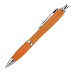 A ballpoint pen in solid orange with chrome accents and a clip, featuring a sleek design and a logo.
