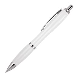 A ballpoint pen in solid white with silver accents and a sleek design. It features a branding logo.