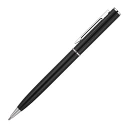 A black metal ballpoint pen with silver accents and a clip, featuring a sleek executive design.