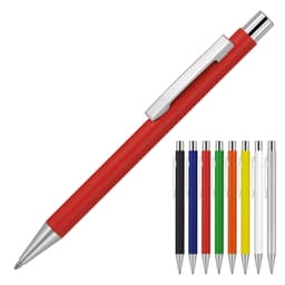 A red ballpoint pen with a matte finish and chrome detailing, alongside pens in various other colours.