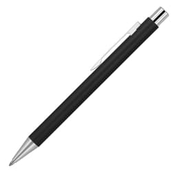 A metal ballpoint pen in matte black with a silver clip and tip, featuring branding.