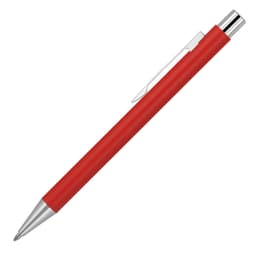 A red metal ballpoint pen with a matte finish and chrome accents, featuring a clip and a logo.
