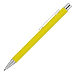 A yellow ballpoint pen with a matte finish and chrome accents, featuring a clip and a branding logo.