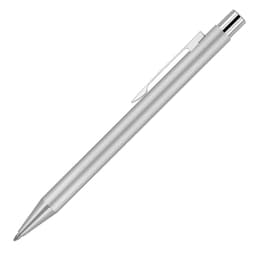 A silver ballpoint pen with a matte finish and a chrome accent, featuring a clip for attachment.