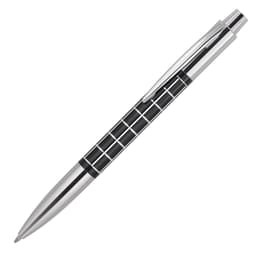 A sleek metal ballpoint pen in silver and black with a patterned grip and a clip. It has a branding logo.