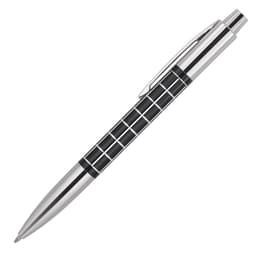 A sleek black and silver ballpoint pen with a patterned grip, featuring a branding logo.
