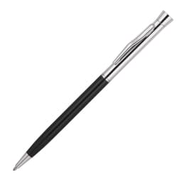 A black and silver ballpoint pen with a sleek design and a clip, featuring a logo on the barrel.