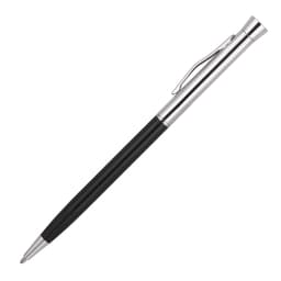 A black and silver ballpoint pen with a sleek design and a clip for easy attachment. It features a logo branding.