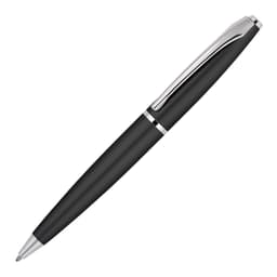 A matte black ballpoint pen with a silver accent and clip. It features a sleek, executive design and branding.