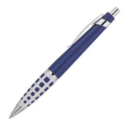 A blue ballpoint pen with silver accents and a textured grip, featuring a logo on the side.