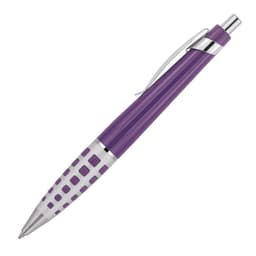 A purple ballpoint pen with metallic accents and a textured grip, featuring a branding logo.
