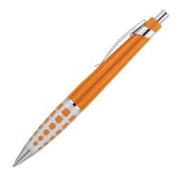 An orange ballpoint pen with silver accents and a textured grip, featuring a logo.