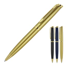 A gold ballpoint pen with a sleek design and gold trim, alongside black and blue pens. Features a logo.