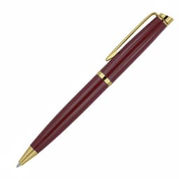 A ballpoint pen with a maroon body and gold trim, featuring a clip and a smooth design. It has a branding logo.