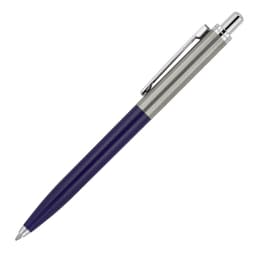 A metal ballpoint pen in silver and deep purple, featuring a clip and a sleek design. It has a brand logo.