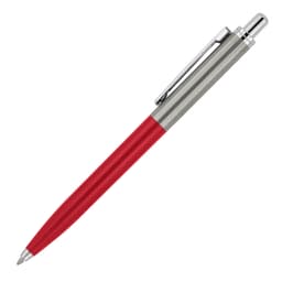 A ballpoint pen with a silver grip and a red barrel, featuring a clip at the top. It has a sleek, executive design.