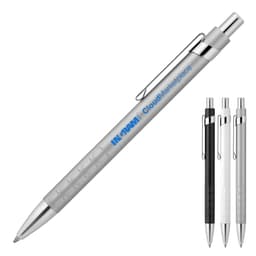 A metal ballpoint pen in matte silver, featuring a chrome clip and accents, with options in black and white.