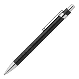 A metal ballpoint pen in matte black with silver accents and a clip. Features a textured grip.
