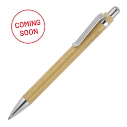 A ballpoint pen made of bamboo with a silver clip and tip. It features a logo on the barrel.