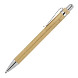A bamboo ballpoint pen with a silver clip and accents, featuring a natural wood finish.