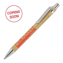 A bamboo ballpoint pen with a silver clip and a logo, featuring a natural wood finish and red accents.