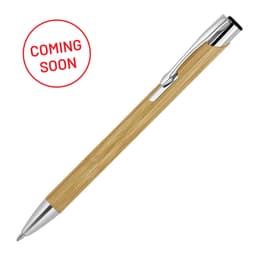 A bamboo ballpoint pen with a shiny silver tip and clip, featuring a branding logo on the body.