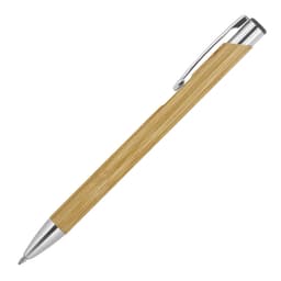 A ballpoint pen with a bamboo body and a silver tip and clip, featuring a sleek, natural design.