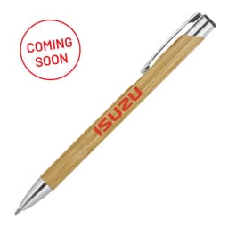 A bamboo ballpoint pen with silver accents and a logo, featuring a natural wood finish.