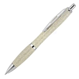 A ballpoint pen featuring a creamy white wheat straw barrel and silver accents, with a branding logo.