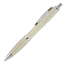A ballpoint pen with a wheat straw barrel in a light beige colour and chrome accents, featuring a logo.