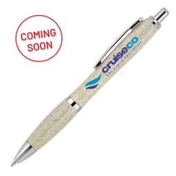 A wheat straw ballpoint pen with a silver clip and a textured cream body. Features a logo on the side.