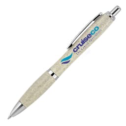 A ballpoint pen with a wheat straw barrel, silver accents, and a logo, featuring a pale colour and sleek design.