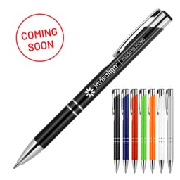 A metal ballpoint executive pen in black with a silver clip, featuring various colourful options behind it.