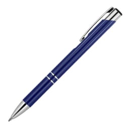A blue ballpoint pen with chrome accents and a clip, featuring a branded logo.