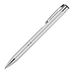 A metal ballpoint pen in silver with chrome accents and a clip, featuring a sleek executive design.
