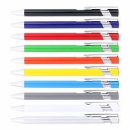 A set of ten ballpoint pens in various colours, each with a white tip and silver accents, featuring a logo.