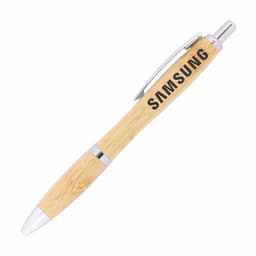 A bamboo ballpoint pen featuring a silver clip, with a logo along the barrel.
