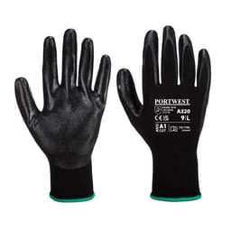 A pair of black Dexti-Grip gloves with textured palms and a breathable design, featuring a visible brand logo.