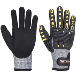 Cut-resistant gloves featuring a grey and black design with yellow accents and textured grip areas. Includes branding.