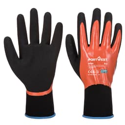 Dermi Pro Glove in black and orange, featuring a textured grip and a fitted cuff. Includes a branding logo.